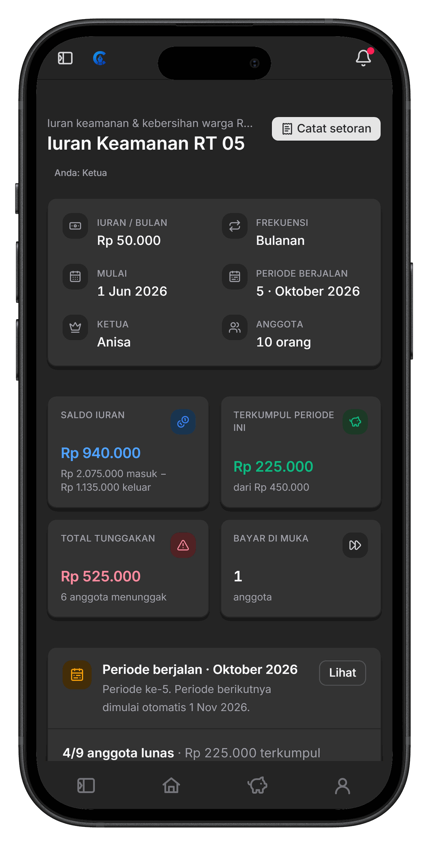 Modul Iuran di Catatke, tampilan HP