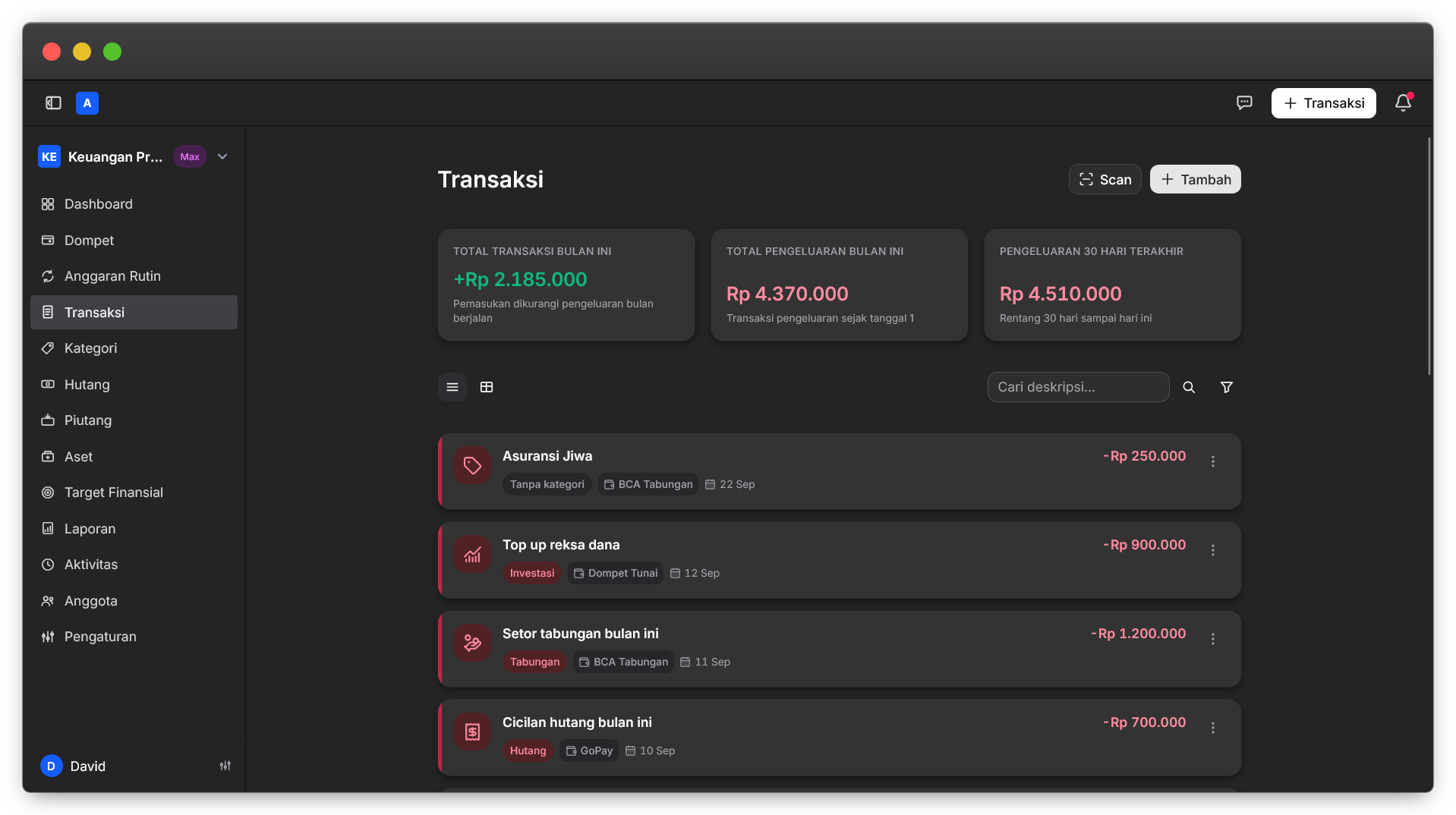 Tampilan fitur Transaksi di Catatke