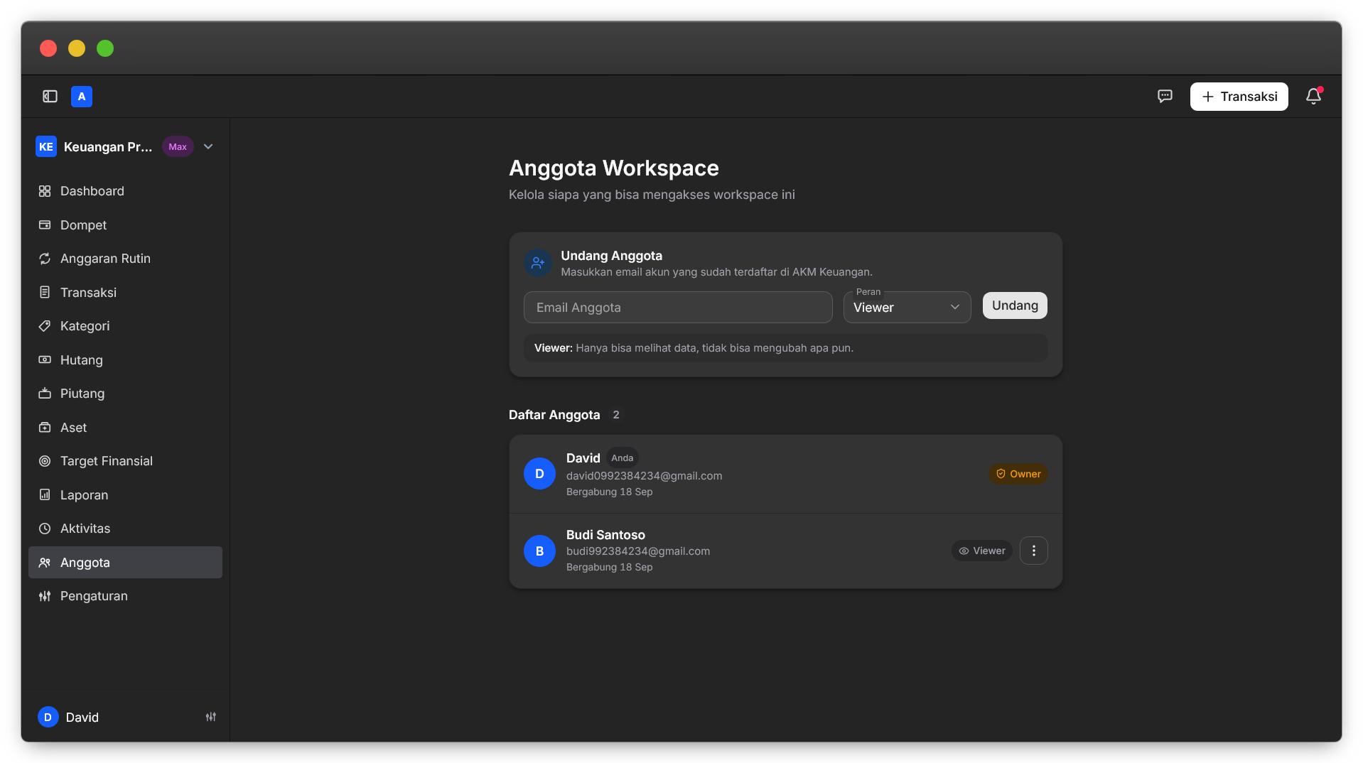 Tampilan fitur Workspace & Anggota di Catatke