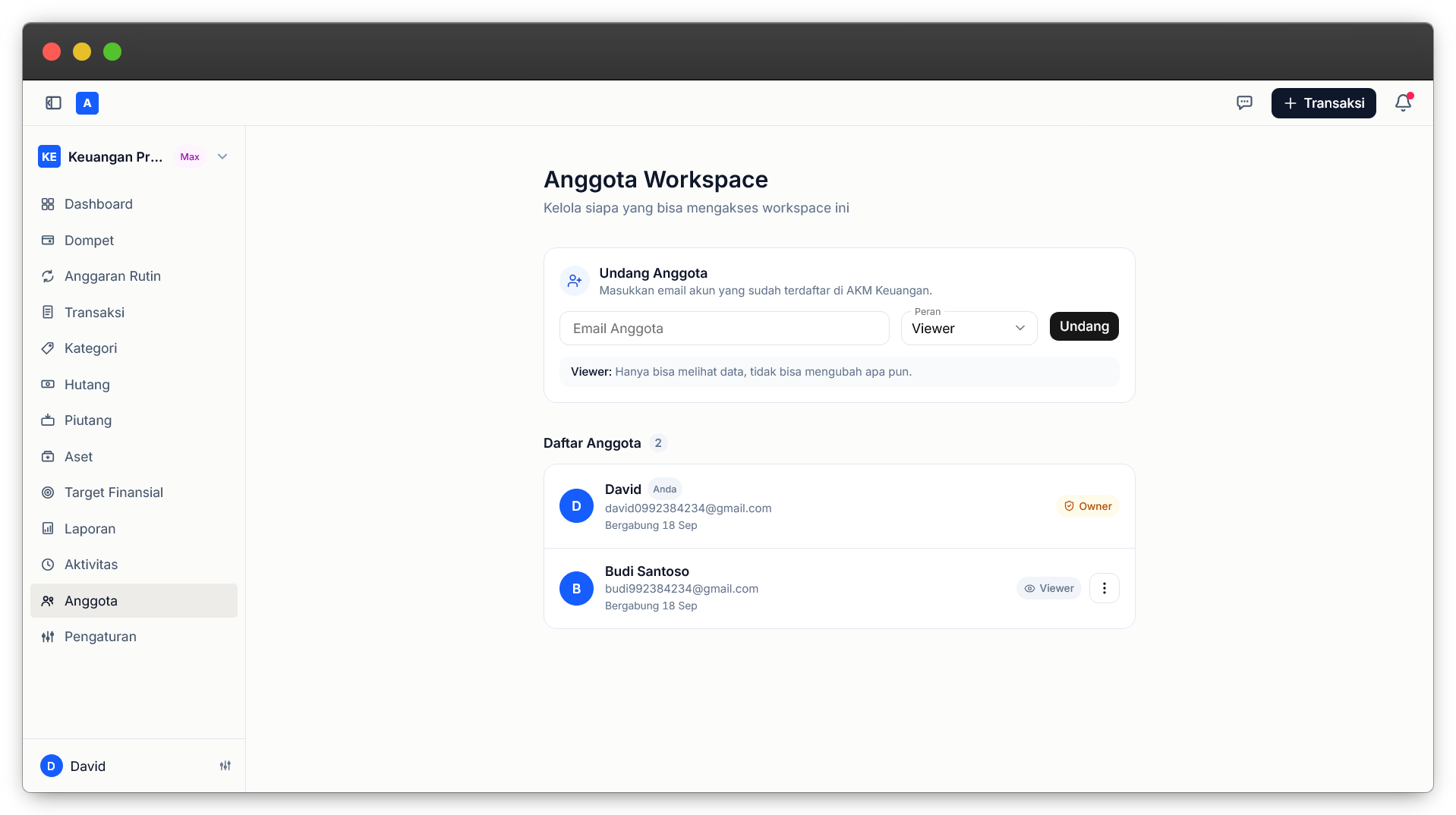 Tampilan fitur Workspace & Anggota di Catatke