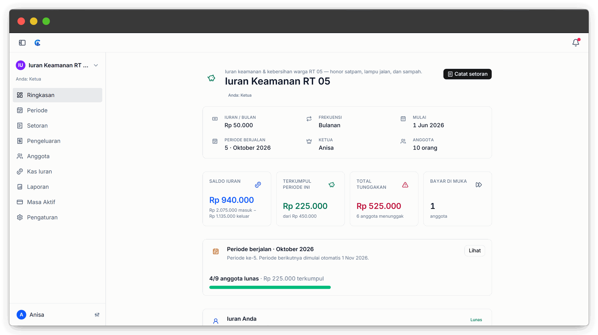 Tampilan modul Iuran di Catatke